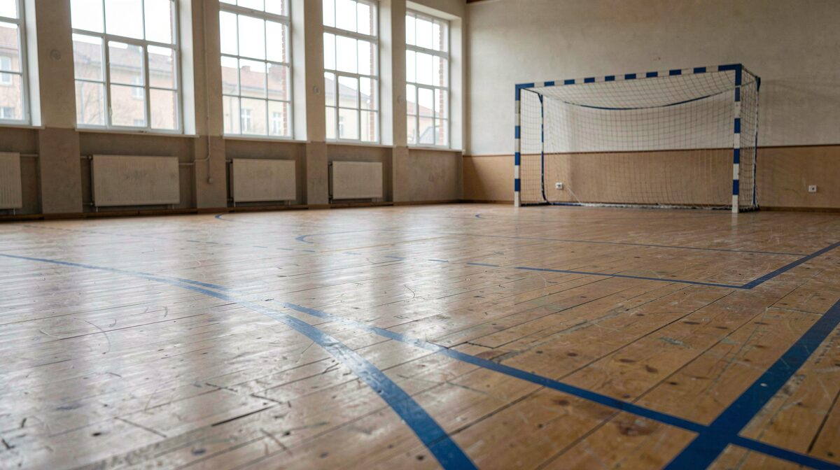 A handball court seen from the side of the hall: blue painted lines on a worn parquet floor, the six-metre goal area arc and the dashed nine-metre free-throw line visible, a goal with a net at the far end, daylight from tall windows, no people