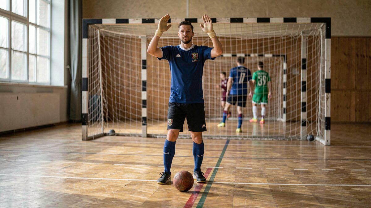 A goalkeeper standing inside a handball goal area on a parquet floor, both hands raised, one foot just behind the six-metre line, a leather ball on the floor in front of him, blurred players outside the arc, hall light from the left, no text